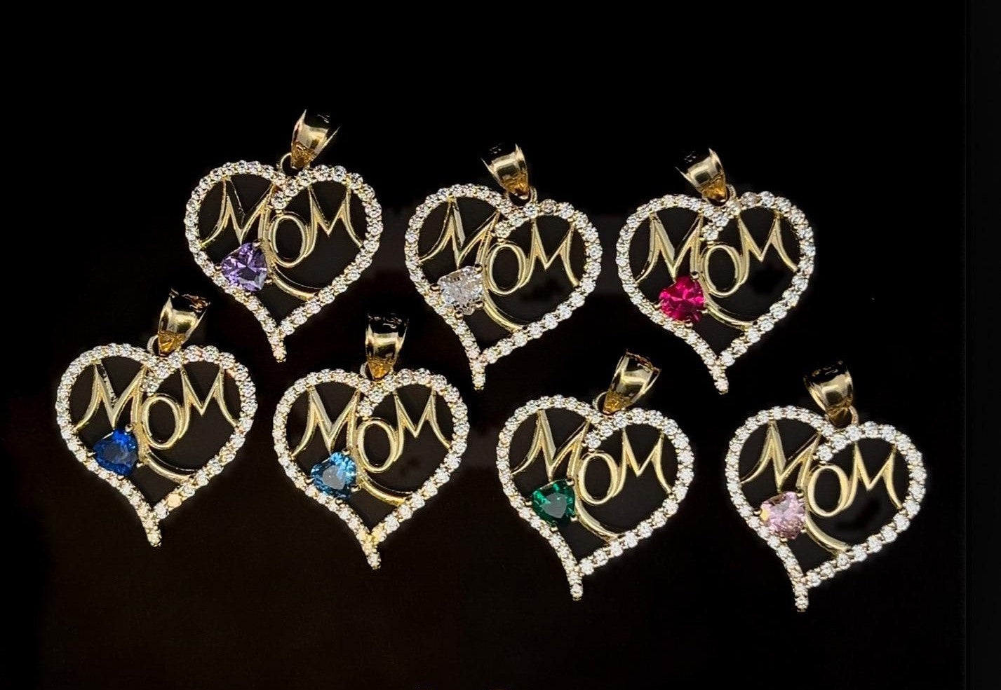 10k Real Yellow Gold Mother's Day Special - Mom Heart Charms with Color CZ
