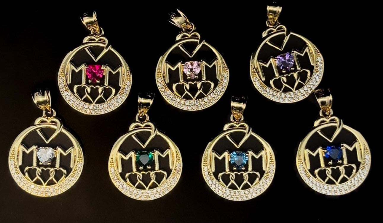 10k Real Gold Mother's Day Special - Mom Round with Heart Charms with Color CZ