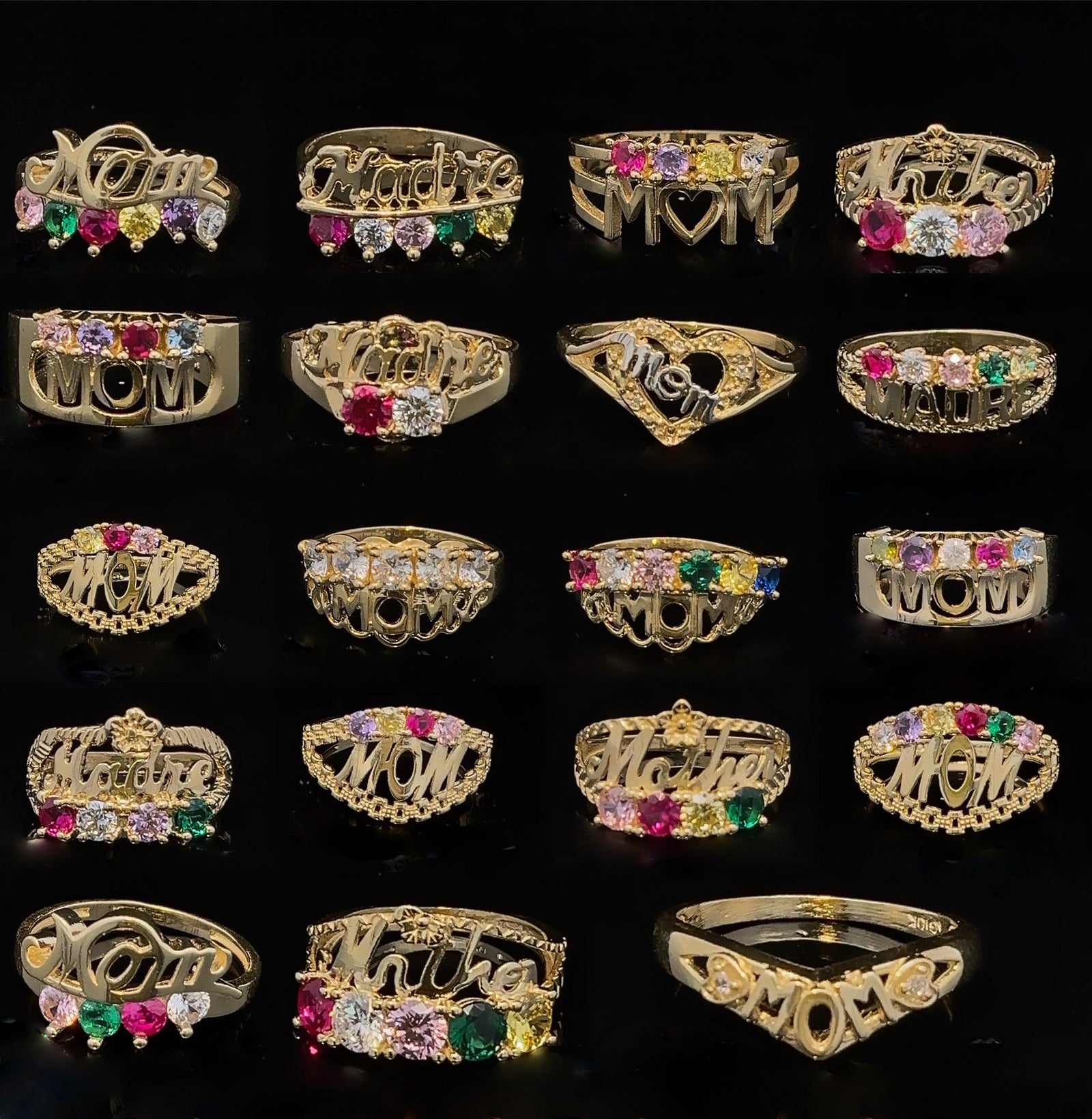 10K Real Gold Mother's Day Special Mom/Madre/Mother Ring with Multiple color CZ