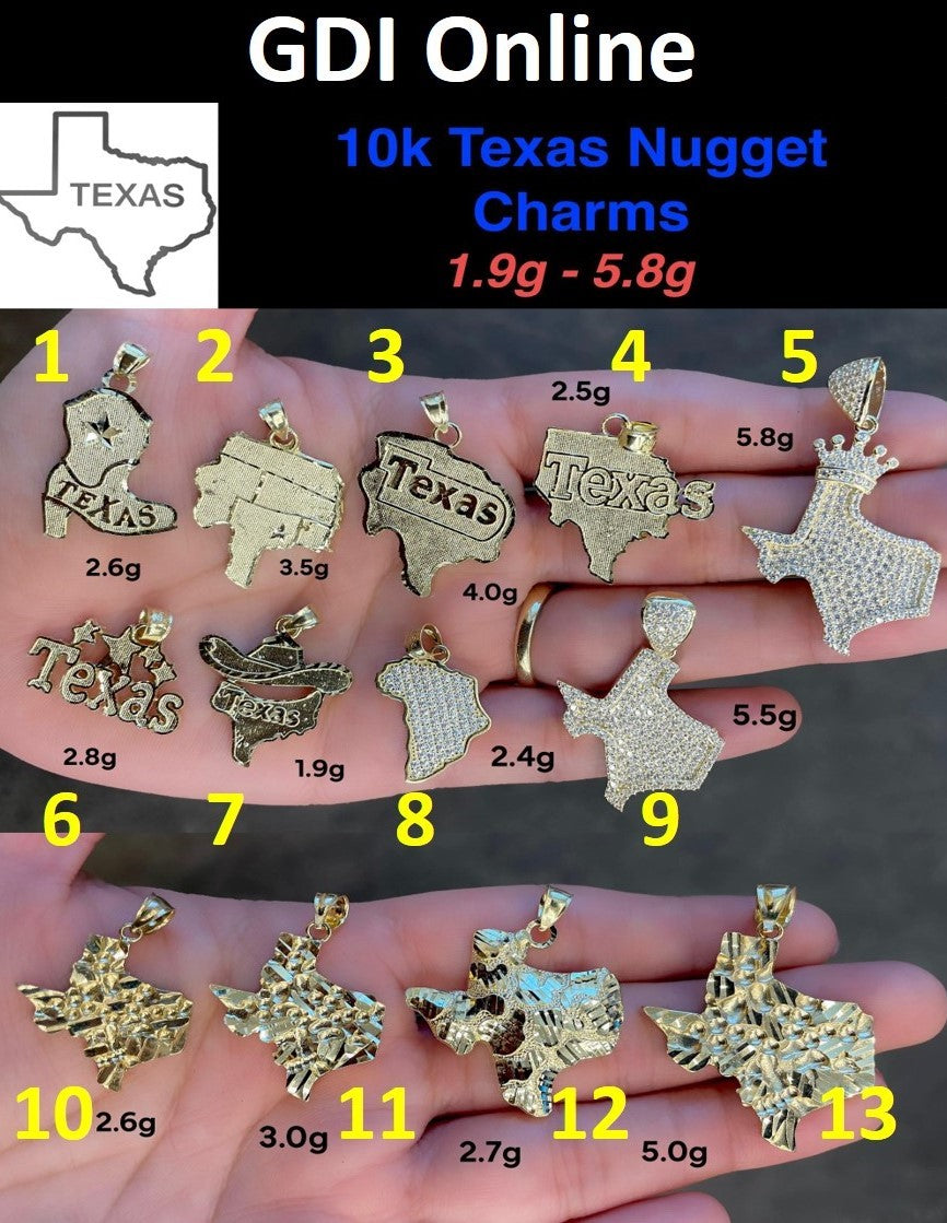 10K Real Gold Texas MAP CZ & Nugget, Cowboy Boot, Hat & Africa Map