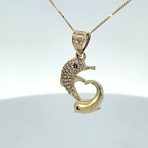 10K Solid Real Gold CZ Couple Dolphin with Heart Shape Charm/Pendant with Box Chain