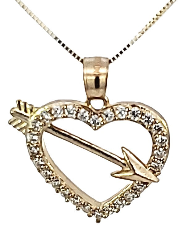 10k Real Solid Gold Simple Arrow in Heart CZ Charm/Pendant with Box Chain