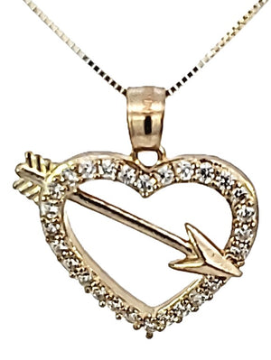 10k Real Solid Gold Simple Arrow in Heart CZ Charm/Pendant with Box Chain