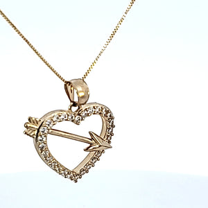 10k Real Solid Gold Simple Arrow in Heart CZ Charm/Pendant with Box Chain