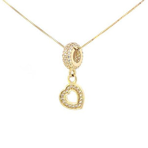 10K Real Gold CZ Divider Dangle Heart Charm with Box Chain