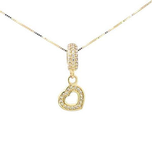 10K Real Gold CZ Divider Dangle Heart Charm with Box Chain