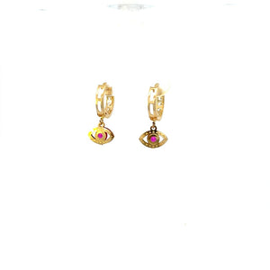 14K Real Gold Dangle Evil Eye Hoop Earrings