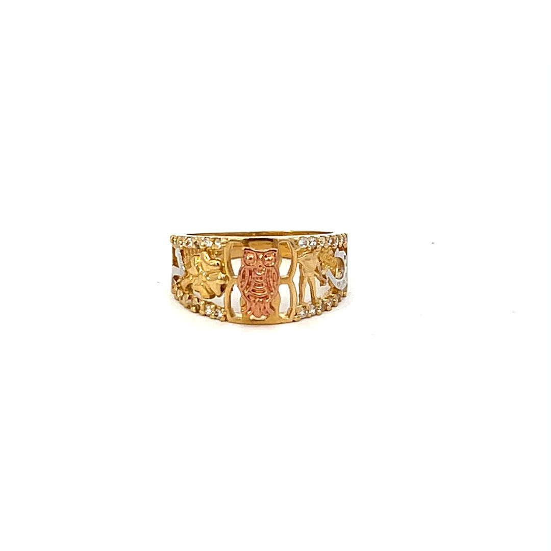 10K Real Gold TC CZ Lucky-7 with Owl Fancy Ring
