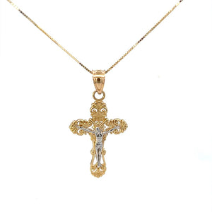 14K Real Gold Two Tone Crucifix Charm With Box Chain