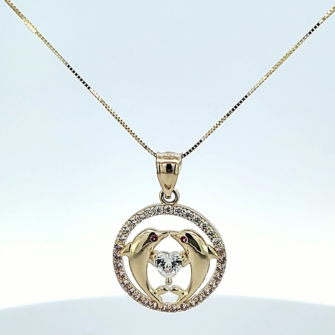 10K Solid Gold Valentine Round Color CZ Dolphin Heart Charm/Pendant with Box Chain