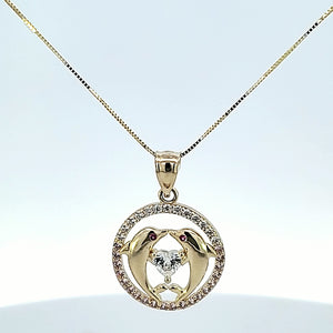 10K Solid Gold Valentine Round Color CZ Dolphin Heart Charm/Pendant with Box Chain