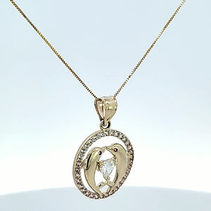10K Solid Gold Valentine Round Color CZ Dolphin Heart Charm/Pendant with Box Chain