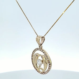 10K Solid Gold Valentine Round Color CZ Dolphin Heart Charm/Pendant with Box Chain