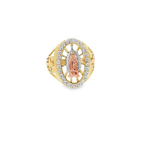 14K Real Gold Two Tone CZ Studded Mother Mary Ring