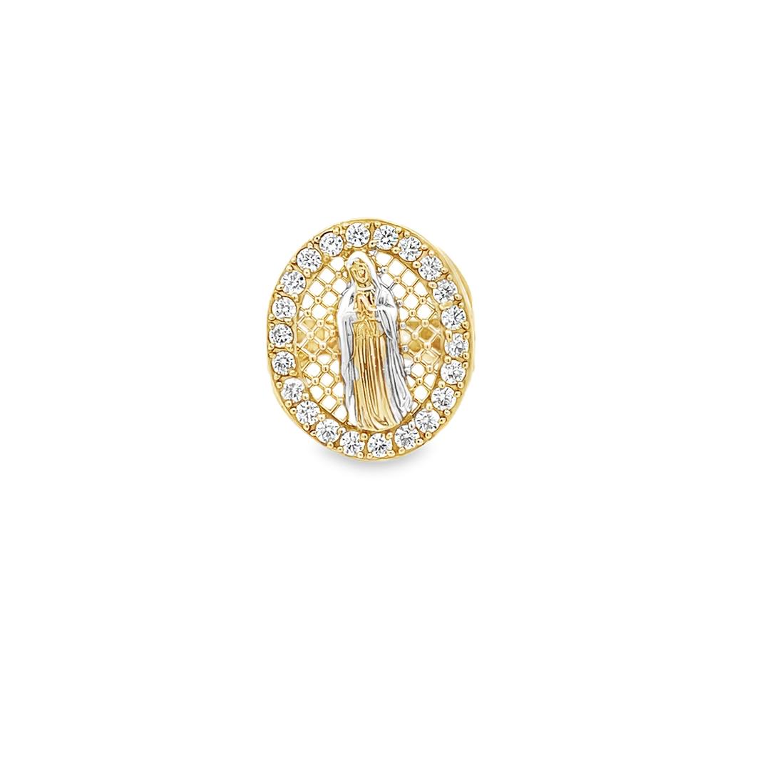 10K Real Gold Two Tone Oval CZ D/C Mother Mary Ring