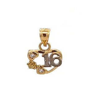 10K Real Gold Two Tone Heart and Flower Sweet 16 Charm with Box Chain