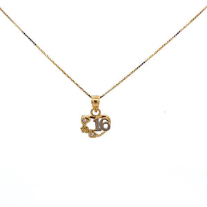 10K Real Gold Two Tone Heart and Flower Sweet 16 Charm with Box Chain