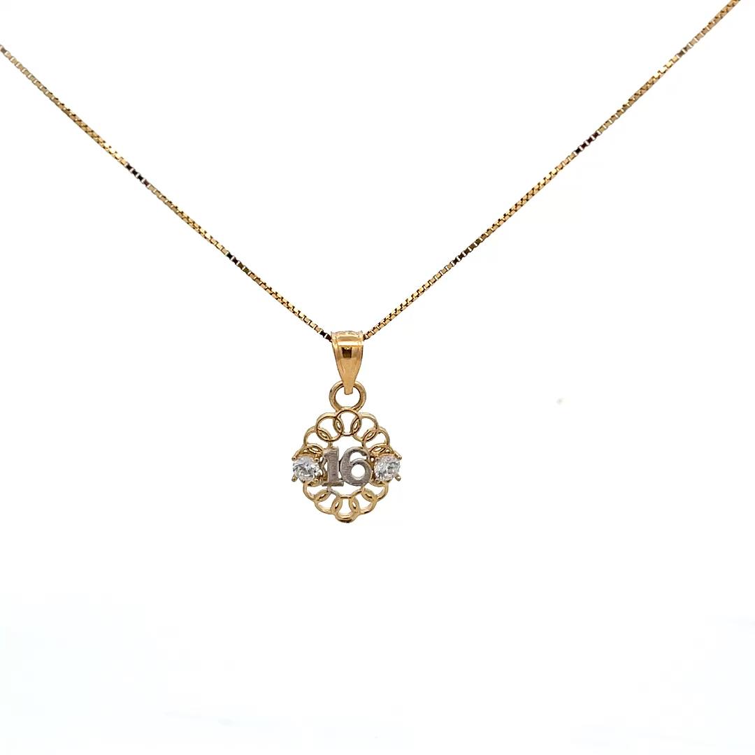 10K Real Gold Two Tone Circular Design Sweet 16 Charm with Box Chain