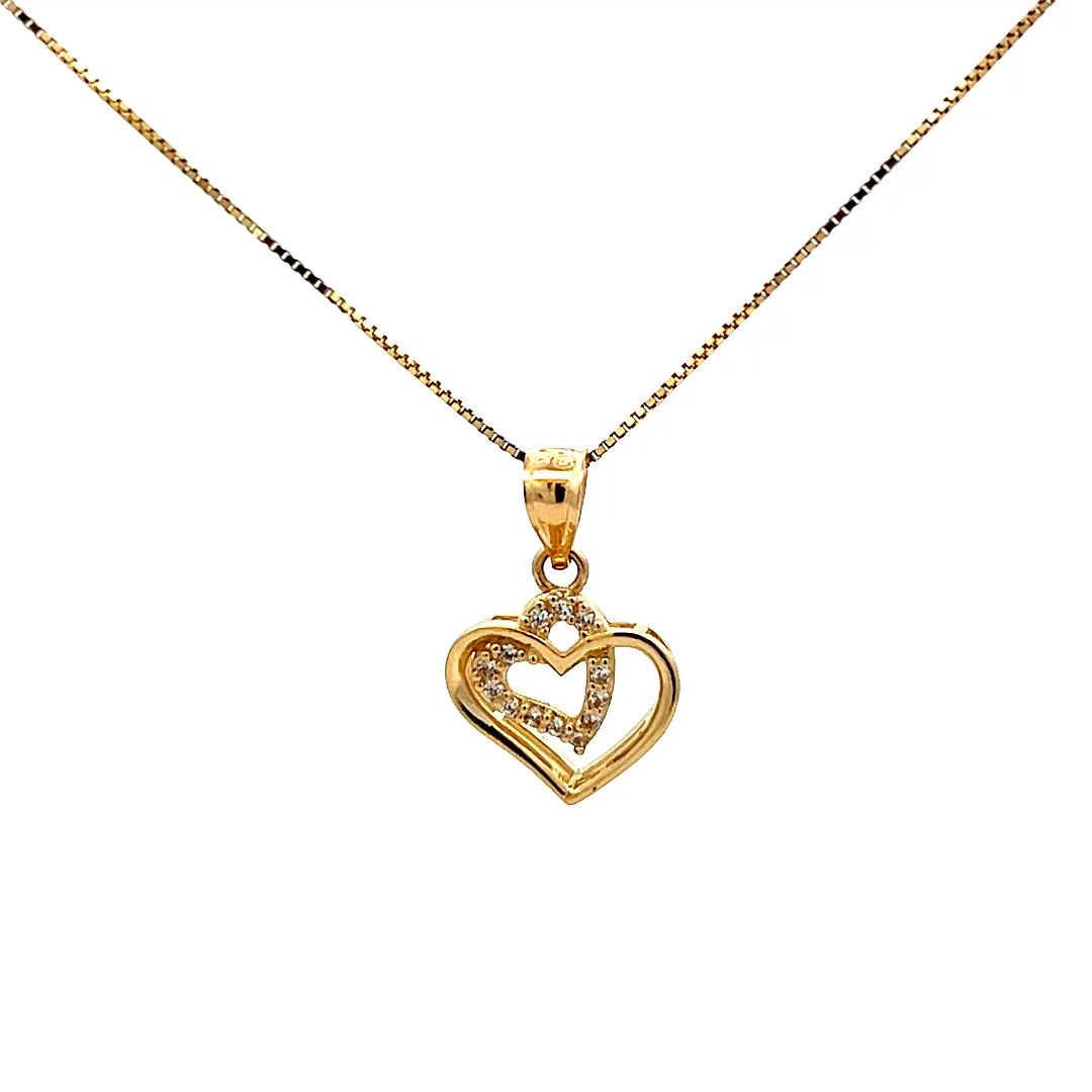 10K Real Gold Double Heart CZ Charm With Box Chain