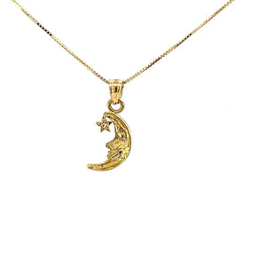 10K Real Gold Half Moon Face Star Charm/ Pendant With Box Chain