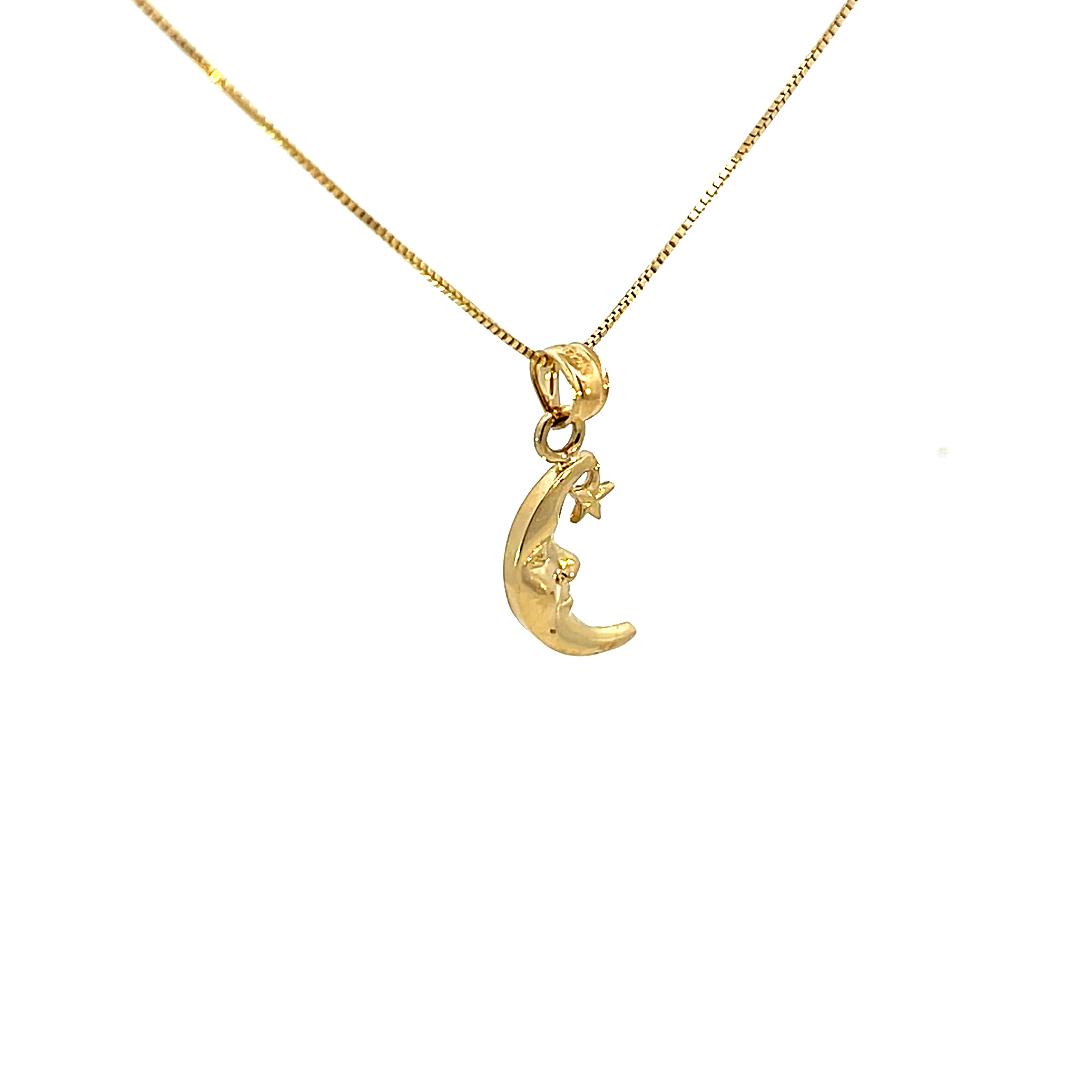 10K Real Gold Half Moon Face Star Charm/ Pendant With Box Chain
