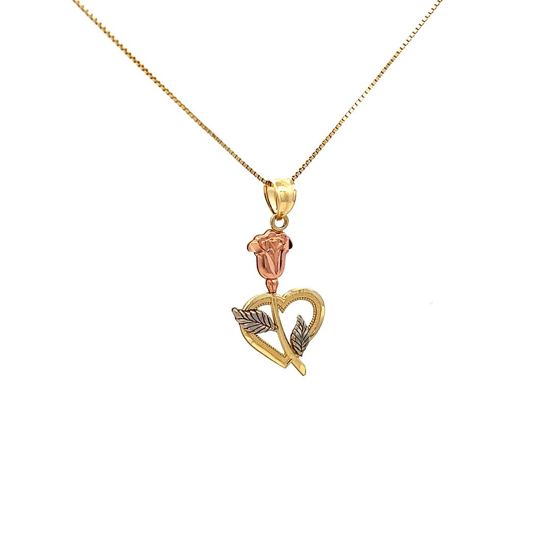 10K Real Gold Tri Color Rose and Heart Charm/ Pendant With Box Chain