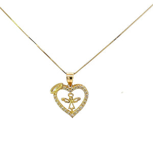 10K Real Gold CZ Heart Angel Charm/ Pendant With Box Chain