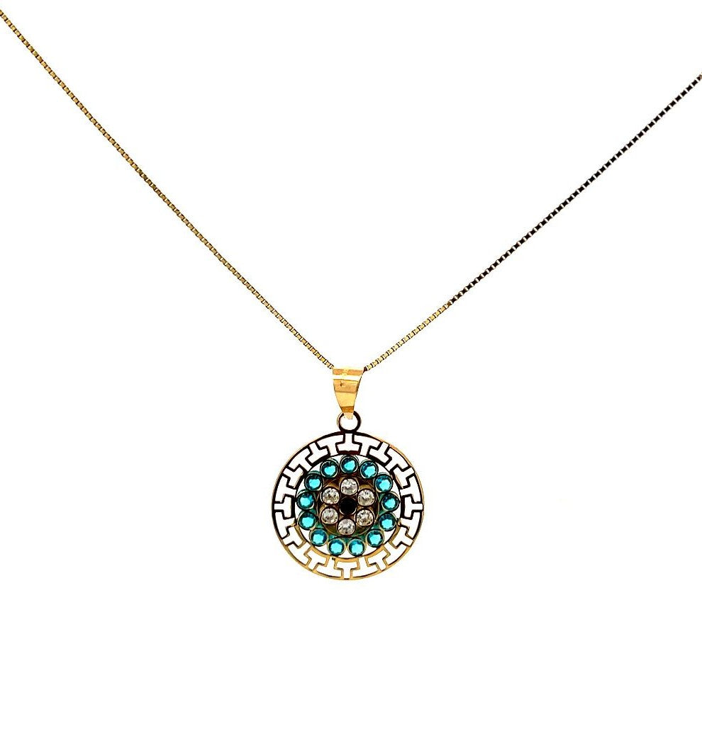 10K Real Gold Blue CZ Round Flower Greek Design Charm/ Pendant With Box Chain