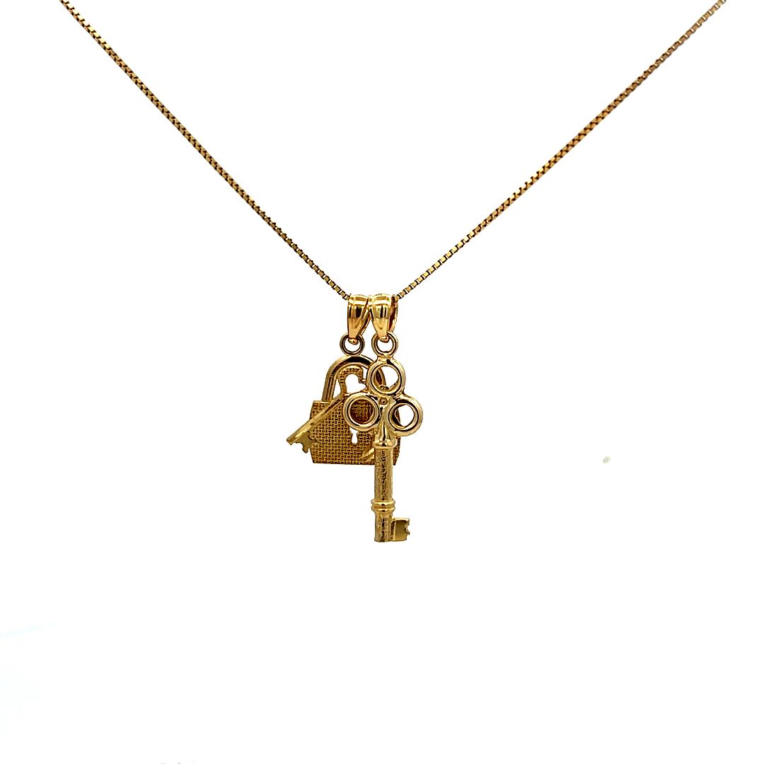 10K Real Gold Lock & Key Charm/ Pendant With Box Chain