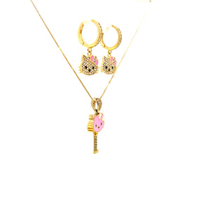 10K Real Gold Key Style Pink Cat Face Set/ Charm/ Earrings