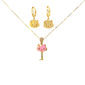 10K Real Gold Key Style Pink Cat Face Set/ Charm/ Earrings