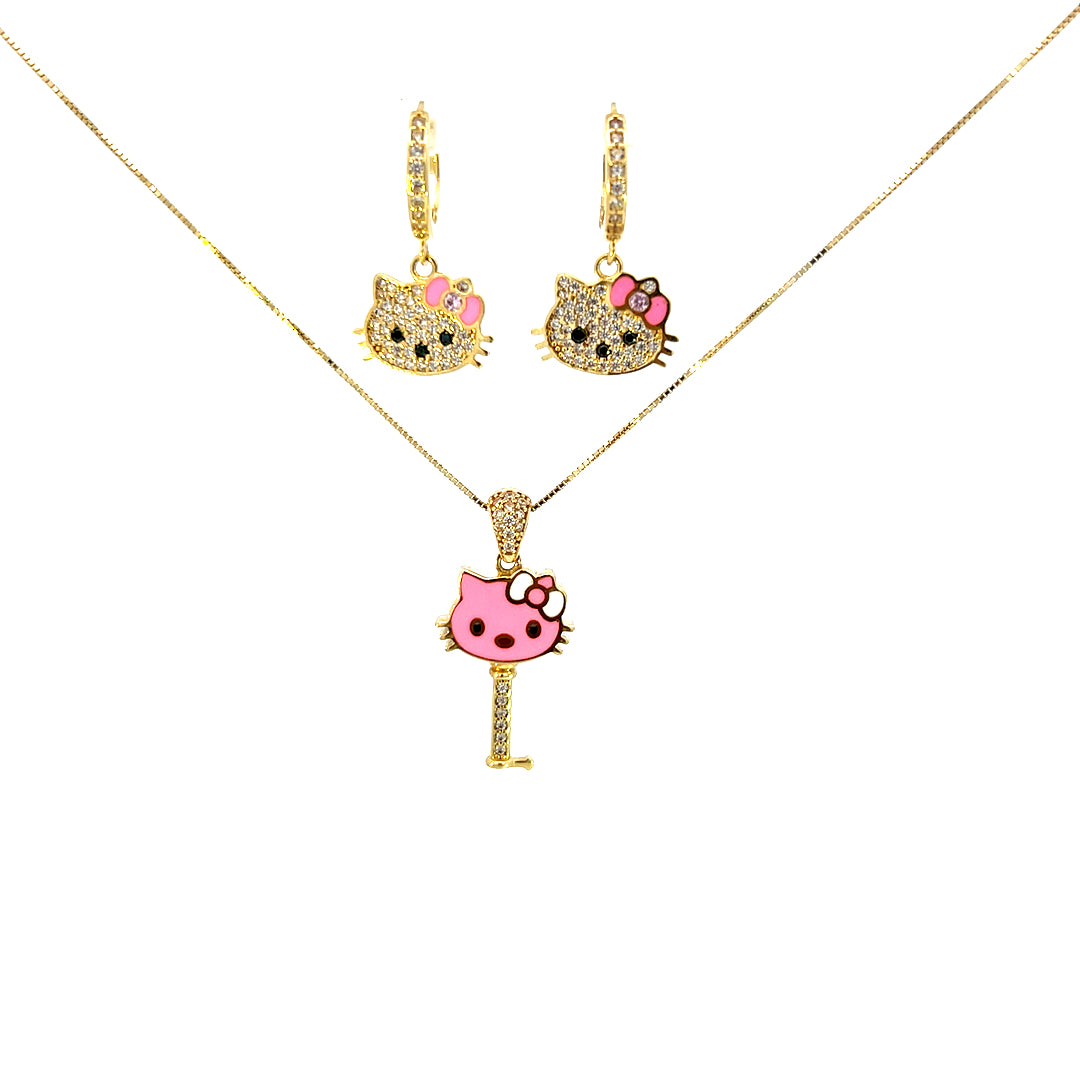 10K Real Gold Key Style Pink Cat Face Set/ Charm/ Earrings
