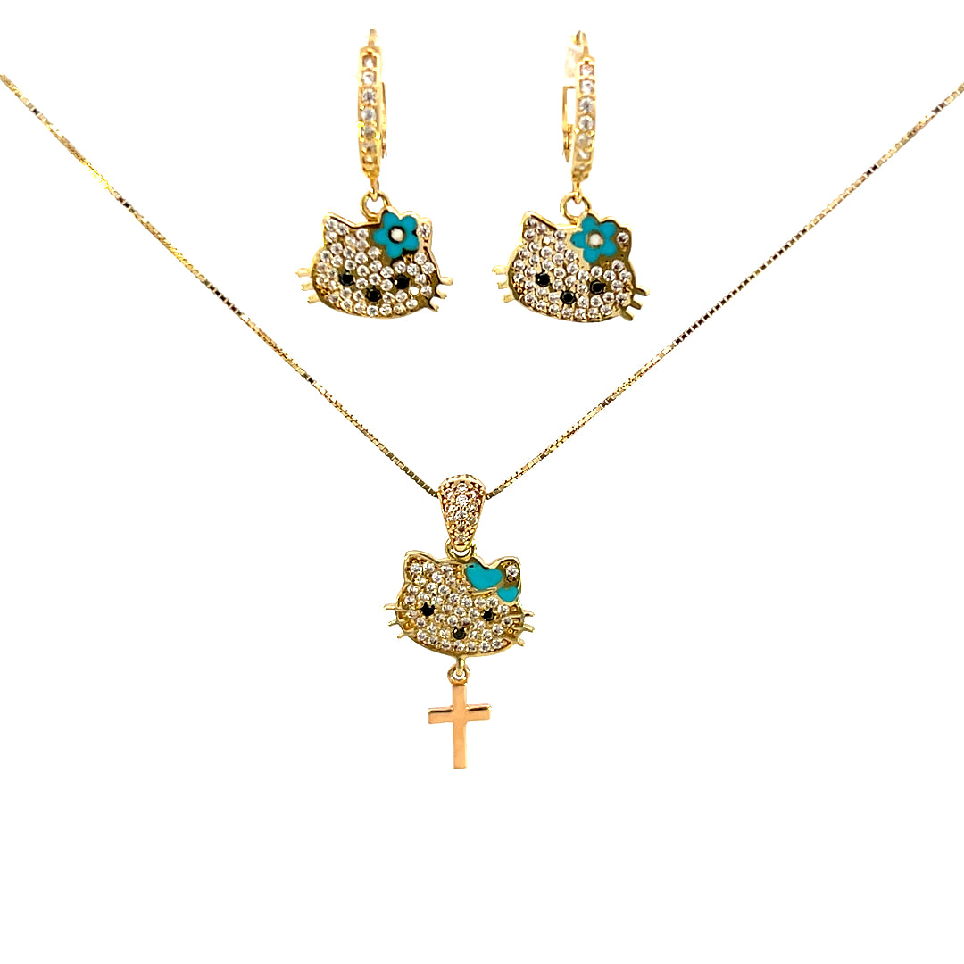 10K Real Gold Key Style Blue Cat Face Set/ Charm/ Earrings