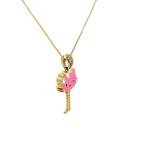 10K Real Gold Key Style Pink Cat Face Set/ Charm/ Earrings
