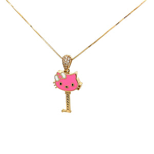 10K Real Gold Key Style Pink Cat Face Set/ Charm/ Earrings