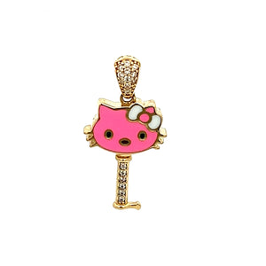 10K Real Gold Key Style Pink Cat Face Set/ Charm/ Earrings
