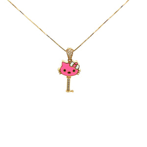 10K Real Gold Key Style Pink Cat Face Set/ Charm/ Earrings