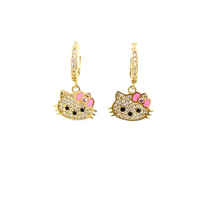10K Real Gold Key Style Pink Cat Face Set/ Charm/ Earrings