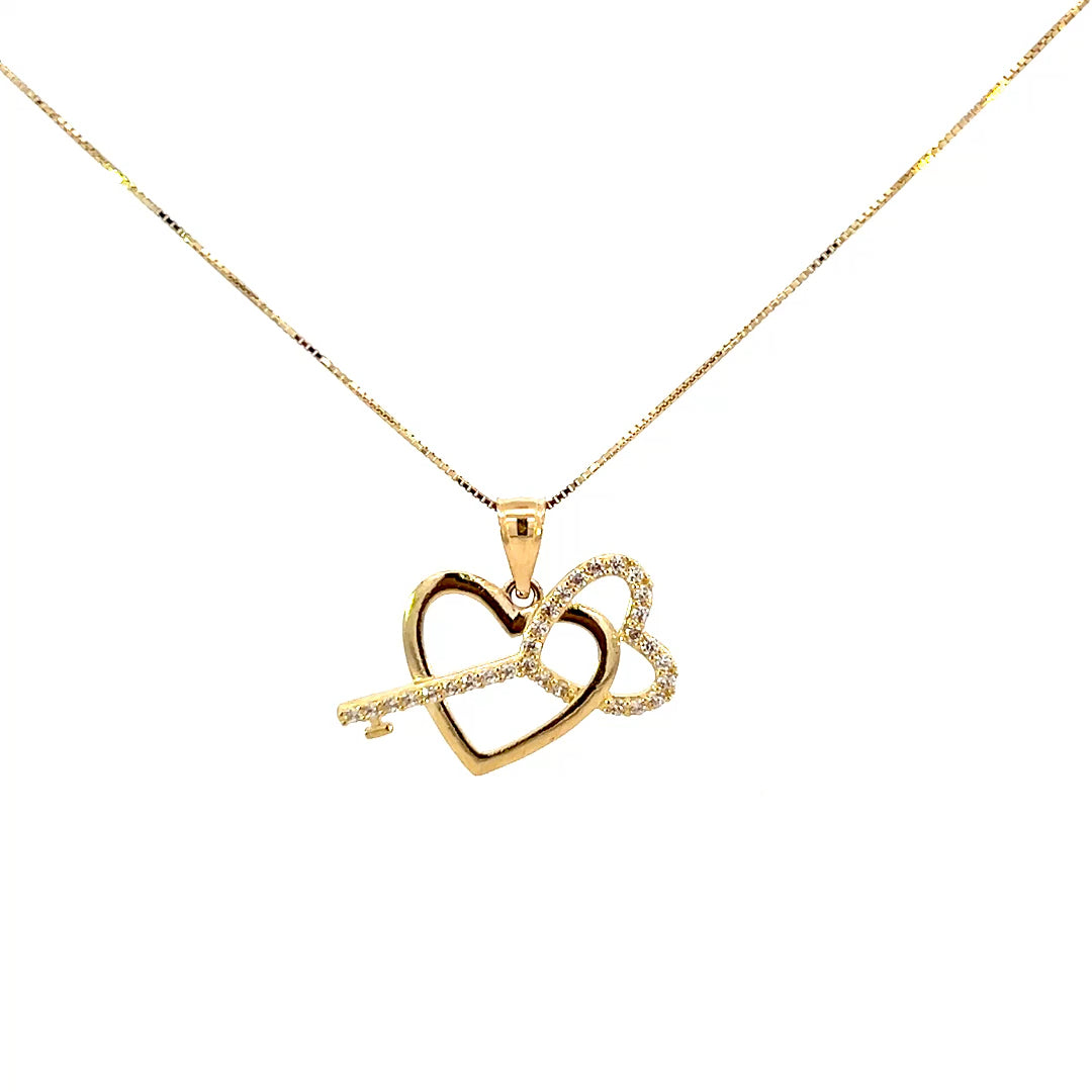 10K Real Gold Heart & CZ Key Charm With Box Chain