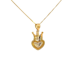 10K Real Gold CZ Crown Heart Charm With Box Chain