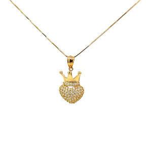 10K Real Gold CZ Crown Heart Charm With Box Chain