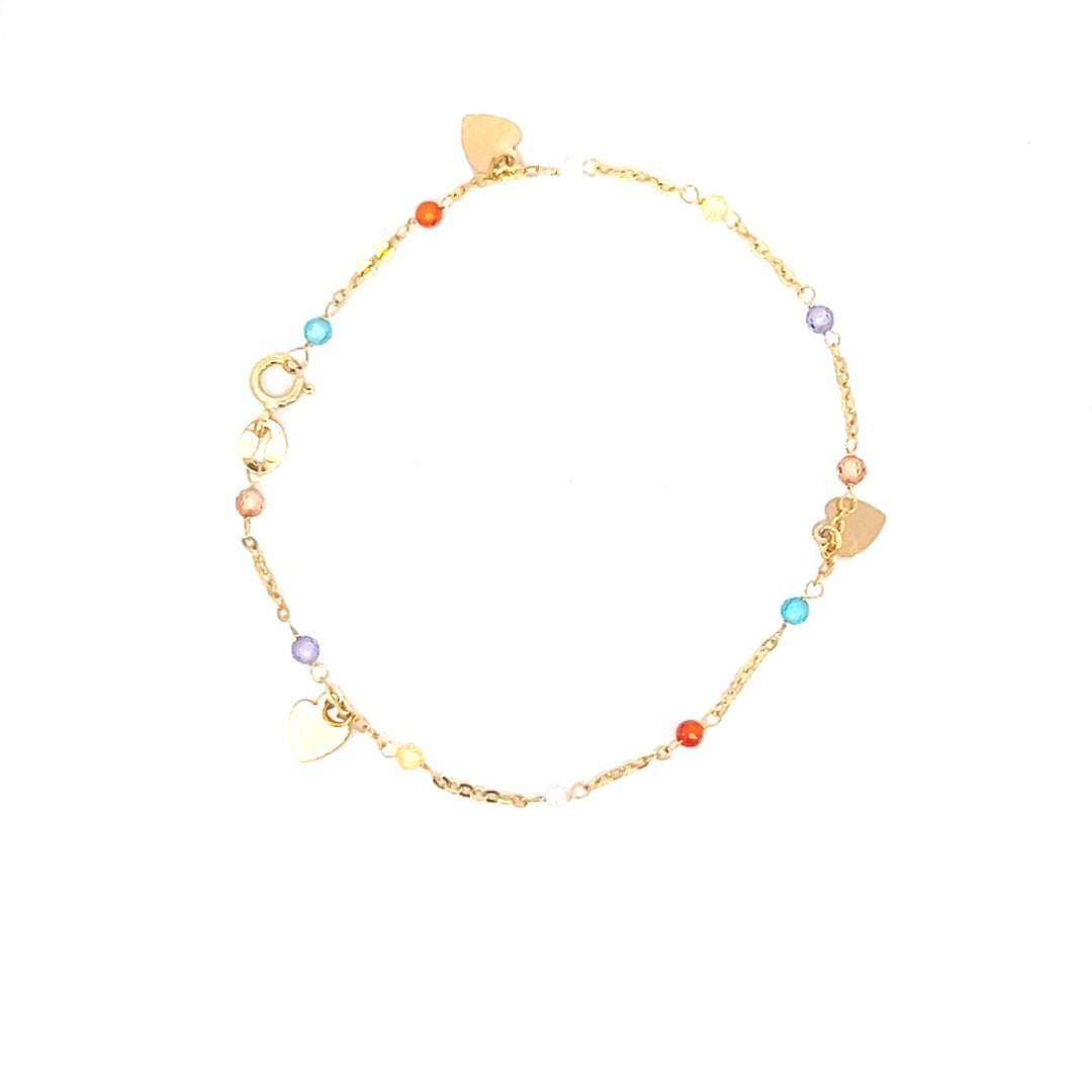 14K Real Gold Heart/ Butterfly Charm Colorful Beads Fancy Bracelet- 7"