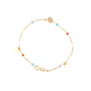 14K Real Gold Heart/ Butterfly Charm Colorful Beads Fancy Bracelet- 7"