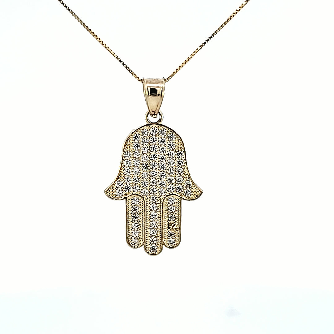 10k Solid Yellow Gold Hamsa CZ Charms with Box Chain