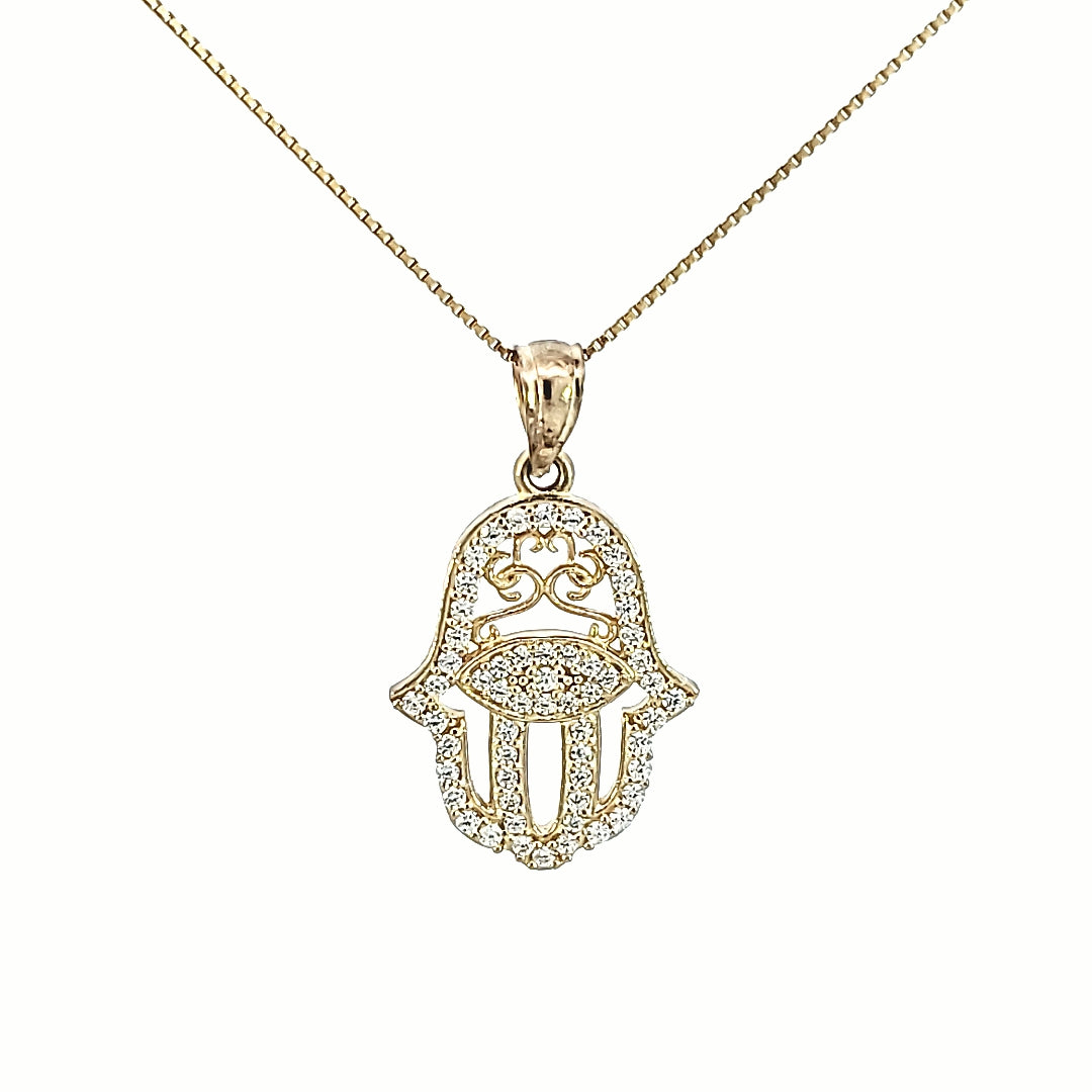 10k Solid Yellow Gold Fancy Hamsa with Evil Eye CZ Charms with Box Chain