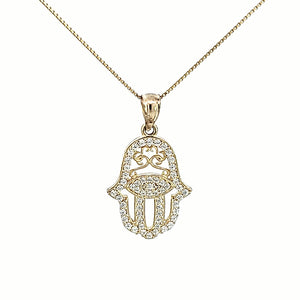 10k Solid Yellow Gold Fancy Hamsa with Evil Eye CZ Charms with Box Chain
