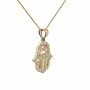 10k Solid Yellow Gold Fancy Hamsa with Evil Eye CZ Charms with Box Chain