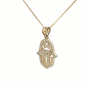 10k Solid Yellow Gold Fancy Hamsa with Evil Eye CZ Charms with Box Chain