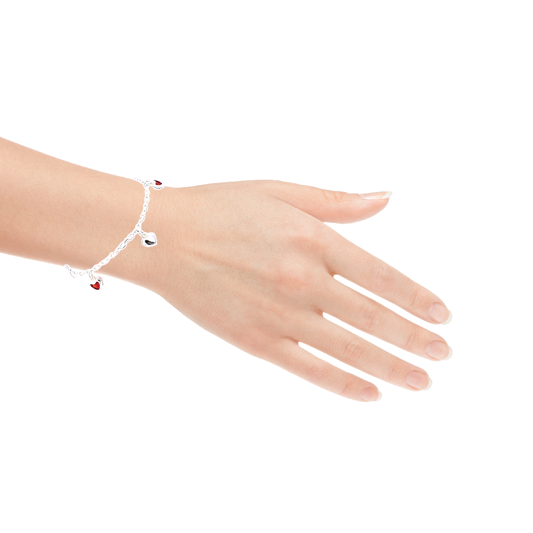 925 Sterling Silver Hollow Fancy Paper Clip Anklet/Bracelet with Red CZ & Silver Puff Heart Charm