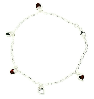 925 Sterling Silver Hollow Fancy Paper Clip Anklet/Bracelet with Red CZ & Silver Puff Heart Charm